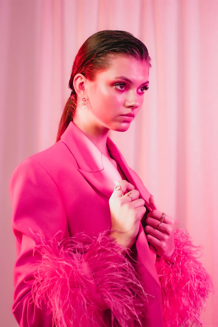 Fashion-forward young woman in pink feathered jacket with bold lighting.